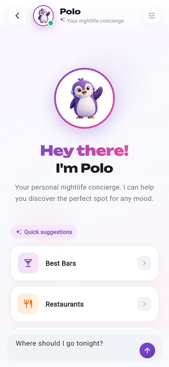 Polo, KIVO's assistant, greeting the user with quick suggestions for bars and restaurants
